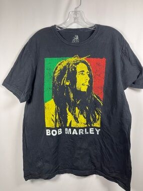 Zion Bob Marley Black Graphic Tee with Yellow/Green/Red Print